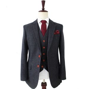 Erkek Suit Blazers Yün Koyu Gri Balıksırtı Terzi Terzi Slim Fit Düğün Takımları Erkekler için Retro Beyefendi Tarzı Özel Yapımı Mens 3 Piece Suit 230222