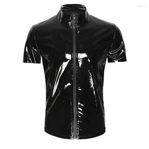 Мужские рубашки из ПВХ кожа блестящая металлическая мужская модная вечеринка Клуба Мужские футболка черные футболка