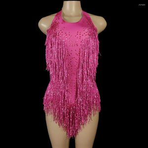 Sahne Giyim Pırıltılı Kristaller Saçak Bodysuit Kadın Gece Kulübü Parti Kıyafeti dans kostümü Tek parça Seksi Performans Gösterisi Leotard