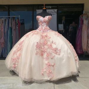 Светло-розовые платья Quinceanera с открытыми плечами и аппликацией из бисера на бретельках со шнуровкой сзади на заказ Милое пышное бальное платье принцессы Vestidos