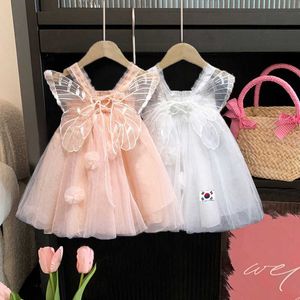 Kız Elbiseleri 2022 Yaz Kız Askı Elbiseleri Örgü Çocuk Prenses Elbise Peri Doğum Günü Partisi Vestidos Bebek Kelebek Kanatları Kabarık Elbise G230222
