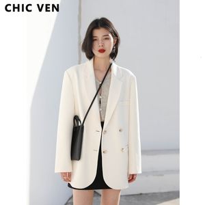 Women's Suits Blazers CHIC VEN Fashion Women's Blazer Office Lady Long Sleeve Double-breasted Mid-length Casual Coat Ladies Outerwear Stylish Top 230223