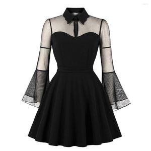 Abiti casual Gothic Black Women Dress Plus Size Mesh Patchwork Maniche svasate Vintage manica lunga Mini Vestido Robe Style Dark