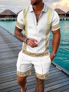 Ternos masculinos Summer Tracksuit de luxo Chain Gold Chain Circl Set Turn Down Collar Zipper Roupas de rua de rua