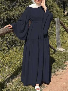 Sıradan Elbiseler Müslüman Bahar Düz Renk Moda Kadınlar Elbise O boyun boyun uzun kollu abaya maxi sundress zarif gündelik kaftan tatil bornoz