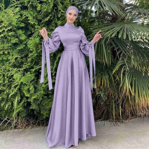Etnik Giyim Müslüman Moda Kadınlar İslami Saten Elbise Hicap Arapça Piled Abaya Dubai Balon Kollu Şerit Eid Mübarek Türk Elbise