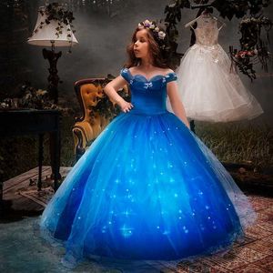 Kız Elbiseleri Uporporpor Girls Cinderella Prenses Noel Doğum Günü Partisi için Işık Elbise Cosplay Girt Ground Çocuklar Süslü Mavi Balo R231128