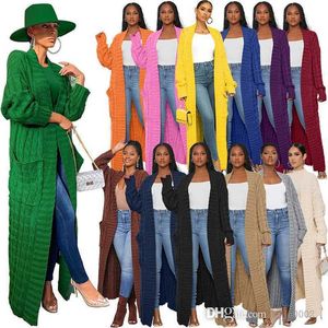2023 Sonbahar Kış Tasarımcı Bayan Örgü Kazak Hırka Moda Yeni Cep Kızarmış Hamur Büküm Gevşek Uzun Ceket Ceket 13 Renkler