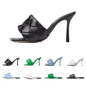 2023 Lido Elbise Ayakkabı Sandalet Mules Düz Topuklu Slaytlar Dokuma Tasarımcı Kadın Kare Terlik Bayanlar Düğün Yüksek Topuklu Ayakkabı Elbise Toe Dazzle Moda Pompaları Boyut 34-40