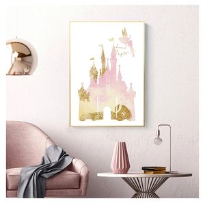 Розовый акварельный искусство холст рисовать картинка скандинавская плакат дочери подарки декор декор стены Принцесса Замка сказочный принт WOO