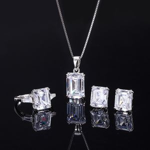 Emerald Cut laboratuvar elmas takı seti% 100 gerçek 925 kola, gümüş nişan alyans küpeleri kadın mücevherler için kolye