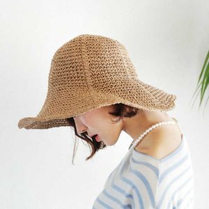 HBP Şapkalar Koruma Geniş Big Seber Straw Style Kore Stil Katlanır Sun Plajı Balıkçı Havzası Şapka Kadınlar Günlük All-Eşleştirme P230327