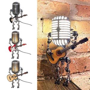 Dekoratif Objeler Figürinler Modeli USB Ferforje Retro Masa lambası Süslemeleri Gitar çalmak için Robot Mikrofon 230224