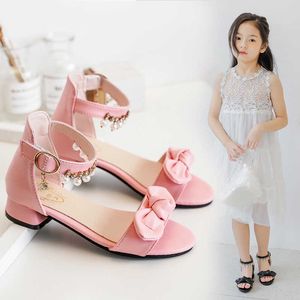 Sandálias Fashion Bow Dissed Dress Kids Summer 2021 Princesa Roman Sandals for Heel Big Girls Sapatos para crianças Sapatos Escola de Praia 313 Ano Z0225