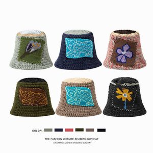 HBP Koreli Geniş Memlu Hats Vintage Patchwork Kova Sonbahar Kış Çiçekleri Örme Balıkçı Şapkası Kadın Bohemya Sıcak Çok yönlü Yün Panama P230327