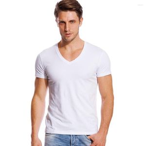 Camisetas masculinas camisetas de pescoço profundo para homens com colarinho largo de baixo colar de gola larga masculina algodão modal slim fit manga curta invisível camiseta