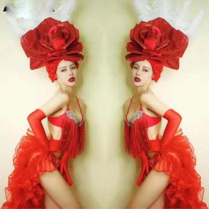 Sahne Wear Club Gül Dansçı Kostüm Seksi Kadın Kırmızı Çiçek Headgear Kristal Tassel Bikini Tail Dans Kıyafet
