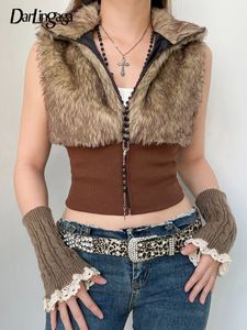 Kadınların ceketleri darlingaga grunge vintage kahverengi balıkçı yaka kürk yelek ceket y2k kolsuz sonbahar kışlık tüylü seksi kısa palto giyim 230225