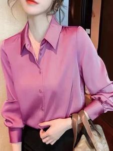 Kadınlar bluz gömlekleri zarif kadın düğmeli -Enck satin bluz yaz 2023 moda ofisi bayan pembe üstler uzun kollu büyük boy bez
