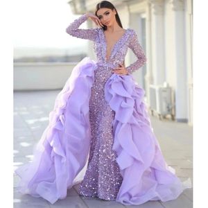 Boyun Derin V Gece Elbise Denizkızı Gowns Pullu Sparkle Uzun Kollu Balo Elbise Sıkıştırılabilir Tren Bayanlar Vestido De Novia 2023 Estido