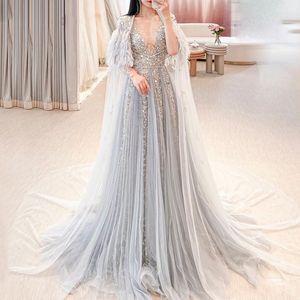 Partykleider Sharon Said Luxus Dubai Silber Grau Abend mit Feder Cape Schal Arabisch Frauen Hochzeit Formales Abendkleid SS147 230225