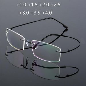 Güneş Gözlüğü Ultralight TR90 Bellek Titanyum Rimless Okuma Gözlükleri Menwomen Meydanı Presbyopic Gözlükler Güç 1.0 1.5 2.0 ila 3.5 4.0SU