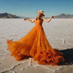 Casual Kleider Hohe Qualität Orange Tüll Prom Spaghetti Strap Rüschen Puffy Mesh Formale Party Kleider Sehr Große Rock Pographie kleid