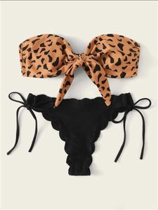 Sexy Bikini Thong Swimsuit Beach 2022 Woman Front Lace Up Tie Strapless Leopard Female Push Ruffled Bow Bathing Suit Swimwear