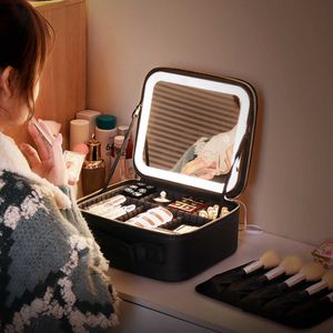 Cosmetic Organizer Storage Bags 2022 New Smart LED Makeup Bag With Mirror Large Capacity Professional Waterproof PU Leather Travel Case Women Storager Y2302