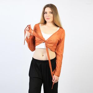Kadın bluzları aecu seksi kadın bayanlar casaul uzun kollu bağ düğüm kırpılmış üstler plaj kadın yıldız gömlek kimono 2023