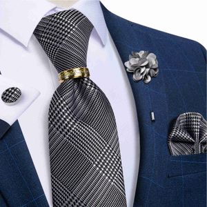 Boyun bağları çırpılmış siyah gümüş ekose erkekler düğün aksesuarları ipek kravat mendil set set kravat halka broş hediye erkekler için j230227