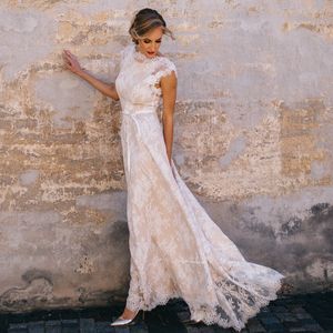2023 Vintage Champagne Lace Bohemian Wedding Dress A Line Cap Sleeve Sexy Backless Bridal Gown Vestidos de Novia