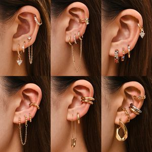 Punk Rock Helix Fake Cartilage Ear manguito com brincos de argola de corrente longa definida para mulheres minúsculas jóias de brinco de huggie