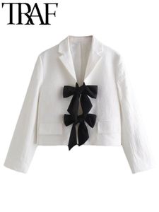 Kadınlar Suits Blazers Sonbahar Kadınlar Beyaz Beyaz Zarif Siyah Yay Bağlı Ön Bilek Kollu Sevimli Tatlı Ceket Kadın Şık Ceket Wwo