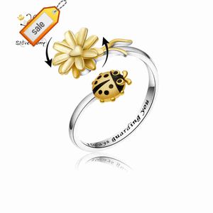 SloveHoony Sarı Ayçiçeği Yüzüğü Ladybug ile 925 Sterling Gümüş Ayarlanabilir Yüzük Uğurbird 360 Derece Kadın Mücevherleri için