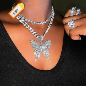 En çok satan hip hop takı tıknaz zincir kelebek kristal buzlu Miami Küba Zinciri Kelebek Kolye