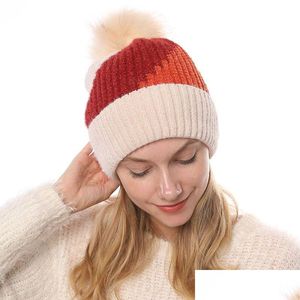 Beanie/Kafatası Kapakları Kalın Sıcak Kadınlar Şapka Kış Pompom Mticolorwork Lady Girl Beanie Astar Polar Anti Dondurulmuş Sıcak Bonnet Noel Dhipm