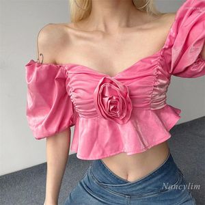 Camisetas femininas Camisa cropped estilo francês para mulheres tridimensionais rosa floral manga curta bufante para todos os jogos Blusas de férias verão