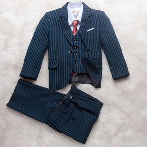 Erkekler takım elbise varış çocuk elbise mavi şerit kırmızı çocuk blazer düğün için özel yapılmış son tasarımlar 3pieces (ceket pantolon yelek kravat)