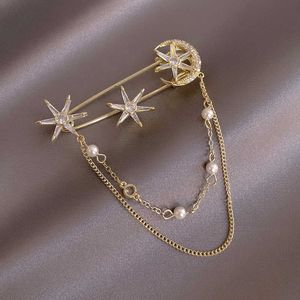 Broches de pinos simples Crystal Pearl Moon Star Adequado para mulheres Luga de Luxa de Luxúria Tansel Chain Broche Safety Pin G230529