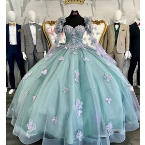 Hafif Quinceanera Prenses Yeşil Elbiseler 3D Çiçekler Boncuklar Aplike Uzun Kollu Dantelli Korse Tatlı 15 Elbise Partisi Giyim XV