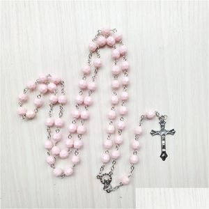 Подвесные ожерелья христианские украшения розовые акриловые бусины пересекают розарийное ожерелье религиозные молитвенные молитвенные подарки подарки с капля
