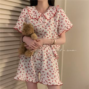 Женская снаряда сон хлопок корейская пижама для женщин лето пижама вишневый принт пижамы женская женщина 2 пьеса милая гостиная 230601