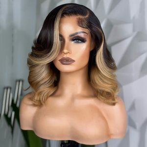 Ombre Blonde Короткие волнистые парики из натуральных волос для женщин Бразильский парик фронта шнурка Боб Бесклеевой хайлайтер Синтетический парик фронтальной части шнурка Предварительно сорванные