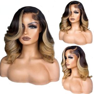 Brazilian Highlight Honey Blonde Body Wave Short Bob Wigless Glueless Ombre Simulation Human Hair 360 Full Lace Front Wig For Women