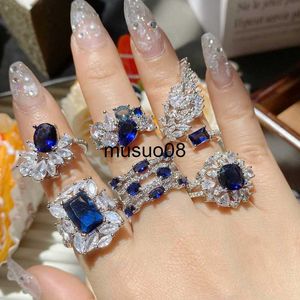 Bant Yüzükleri 925 STERLING Gümüş Vintage Moda Yüzük Kadın Simülasyonu Safir Sözü Düğün Band Rings Ladies Modeli Zirkonya Takı J230602