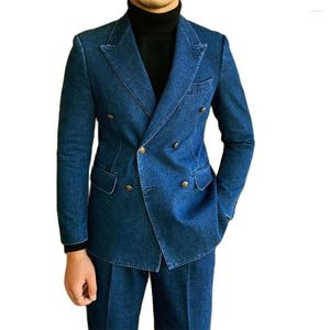 Men's Suits Latest Cowboy Blue Denim Men Slim Fit 2 Pieces Peaked Lapel Custom Casual Blazer Sets Suit For Wedding Groom Tuxedo