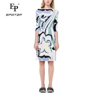 Elbise Efatzp Yeni Sonbahar Moda Tasarımcısı Elbise Kadınlar 3/4 kollu çok renkli geometrik baskı streç forması ince ipek gün elbise
