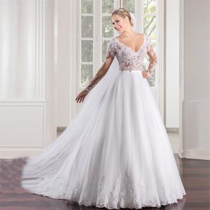 Vestido de noiva, korse a-line seksi uzun kollu gelinlik dantel aplikleri casamento çin gelinlik251p