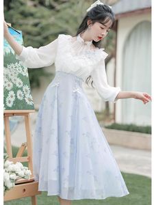 Sıradan elbiseler Çin vintage elbise yaz mizaç asılı boyun fırfırlı v yakalı kadınlar için zarif retro hanfu vestidos kadın